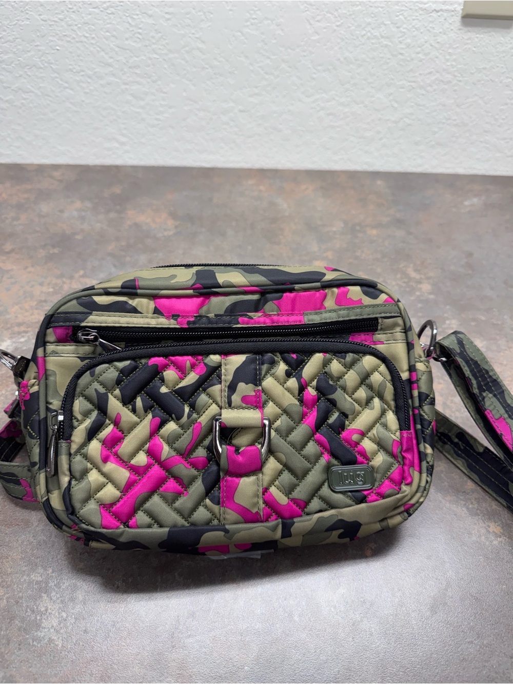 lug Carousel Quilted Camo Crossbody - Olive Green, Hot Pink & Black